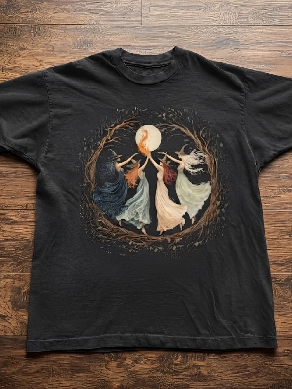 Witches Dancing Around Fire Moon Forest Vintage Black T-Shirt
